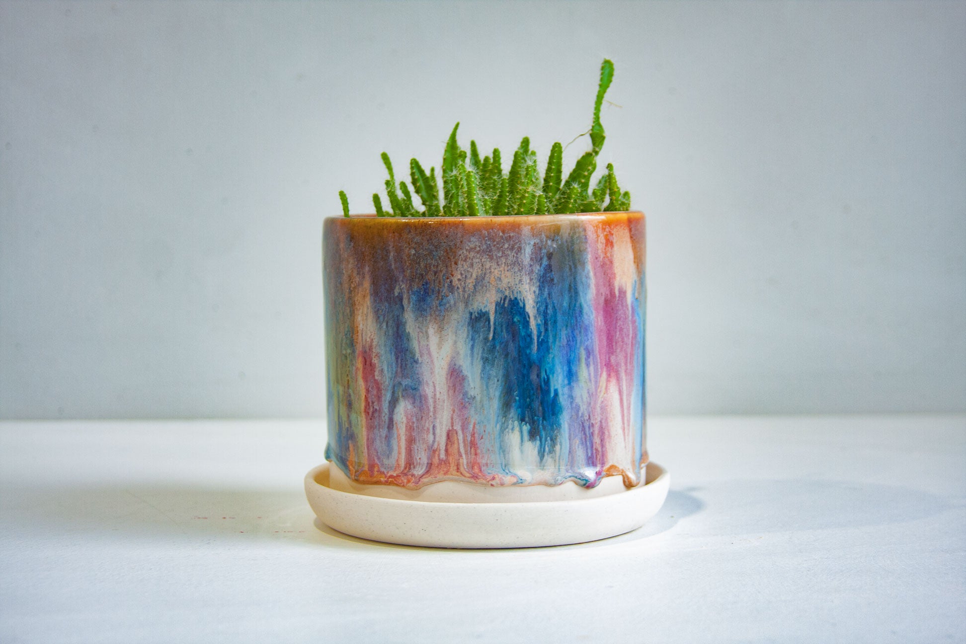 handmade ceramic blue, pink, white, brown gazed planter