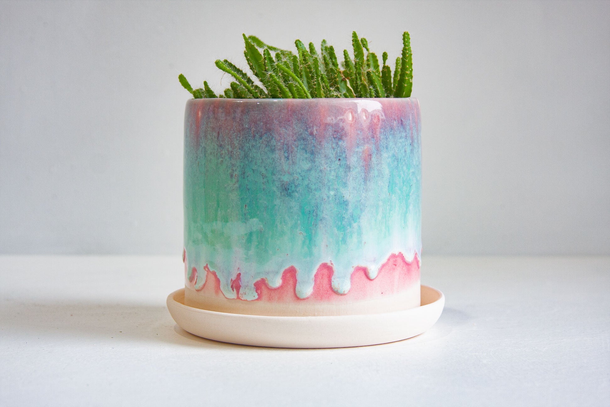 A cylindrical ceramic planter with a dripping glaze design in teal, pink, and cream, containing a green succulent, set against a clean white background.