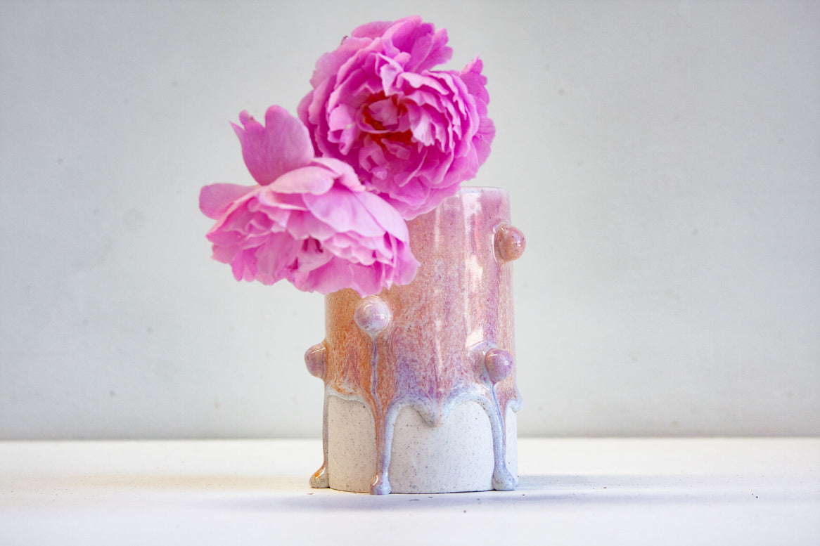 Handmade ceramic peach and purple cylinder vase