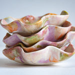 handmade ceramic sculptural small plate glazed in pastel pink, purple, peach and green