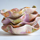 handmade ceramic sculptural small plate glazed in pastel pink, purple, peach and green