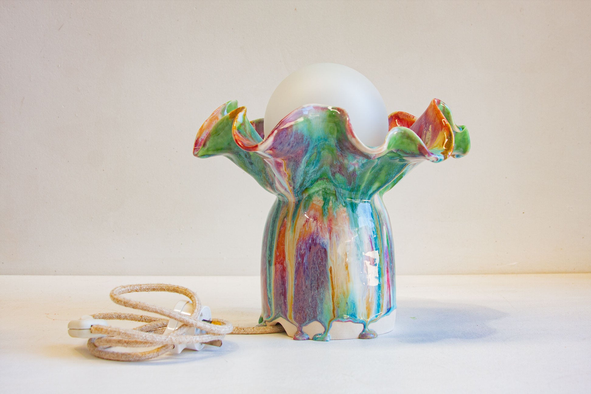 Handmade ceramic table lamp with electrical cord
