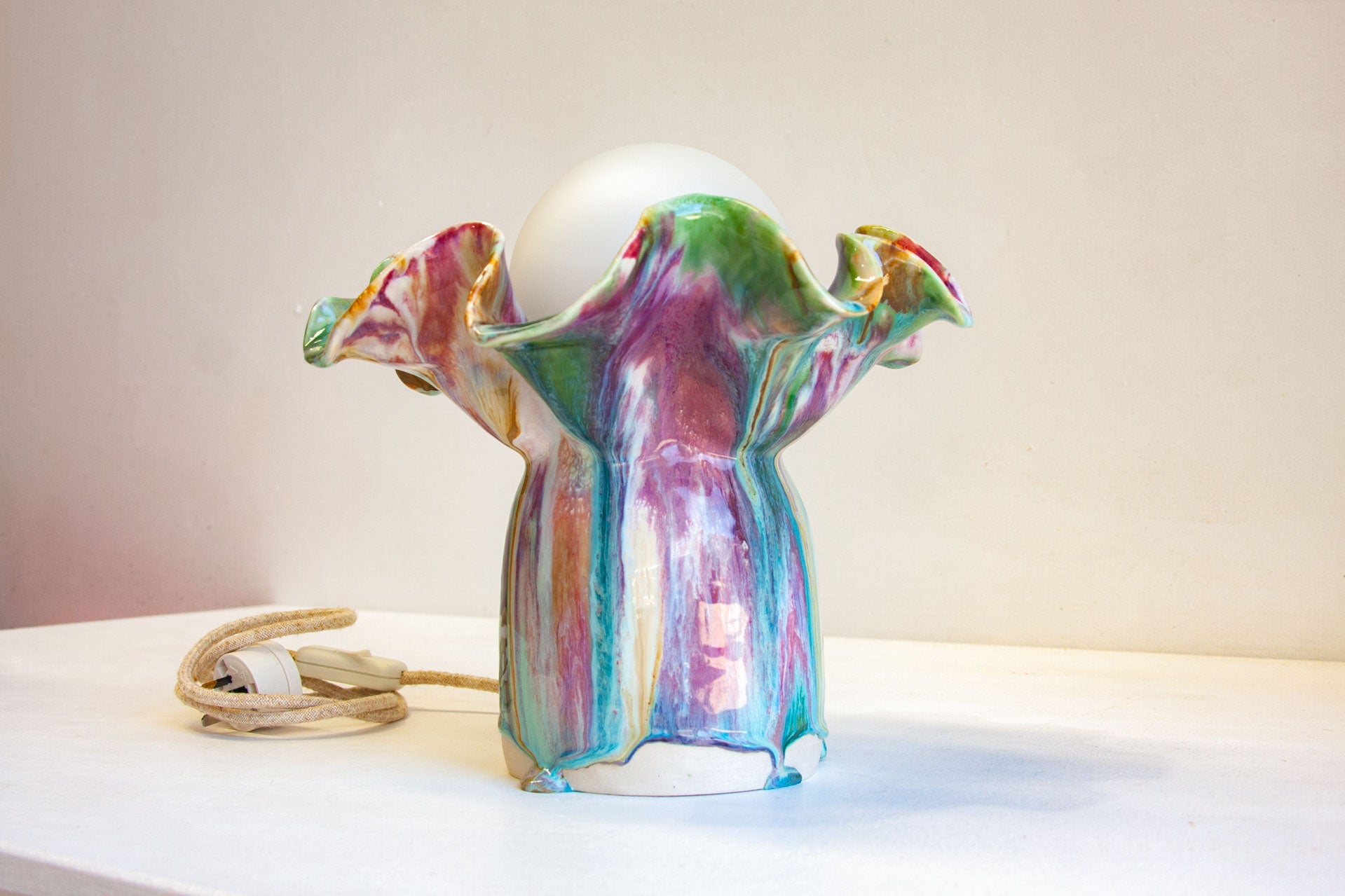 handmade ceramic table lamp glazed in multiple colours