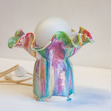 handmade ceramic table lamp glazed in pink, blue, green, peach and brown