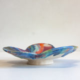 handmade ceramic blue, orange, purple flower shaped footed bowl