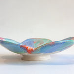 handmade ceramic pink, green, blue and green footed flower shaped bowl