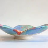 handmade ceramic pink, green, blue and green footed flower shaped bowl