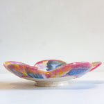 handmade ceramic pink, blue and yellow footed flower shaped bowl