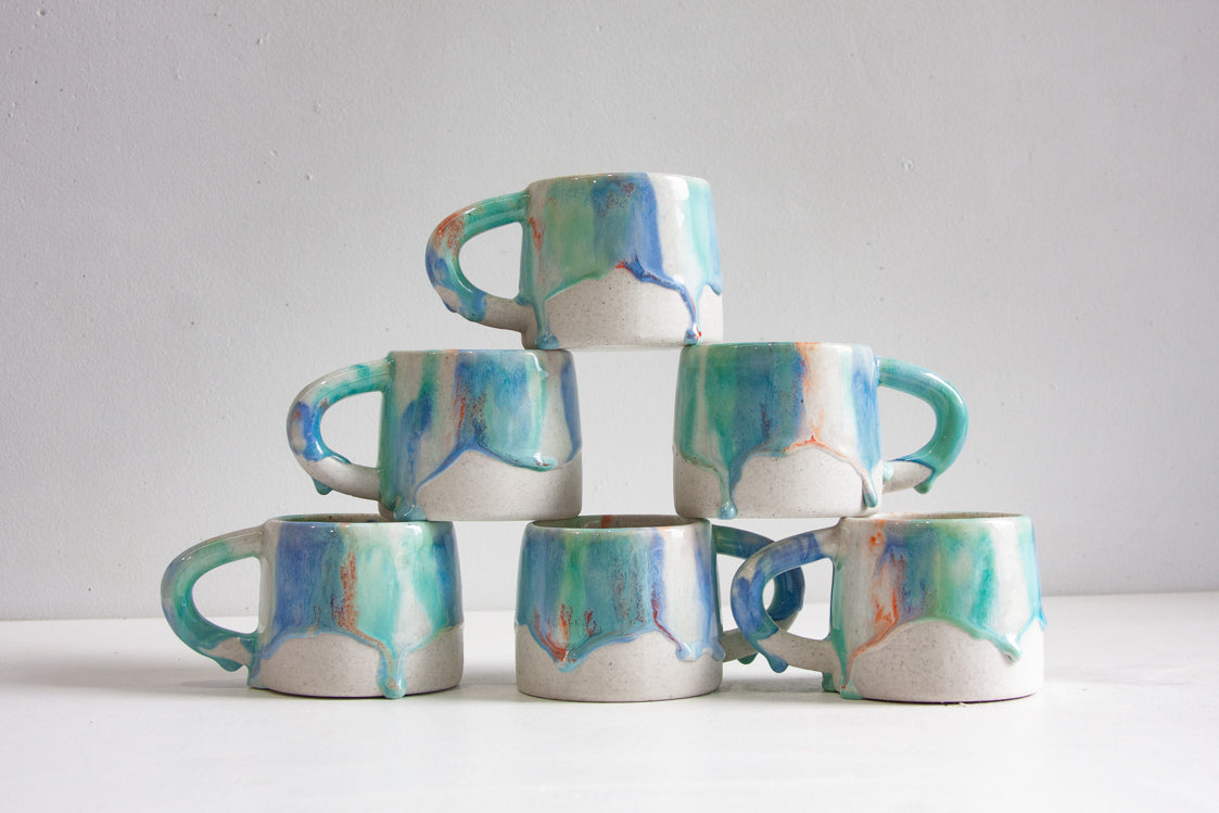 handmade ceramic blue, green and orange mug 