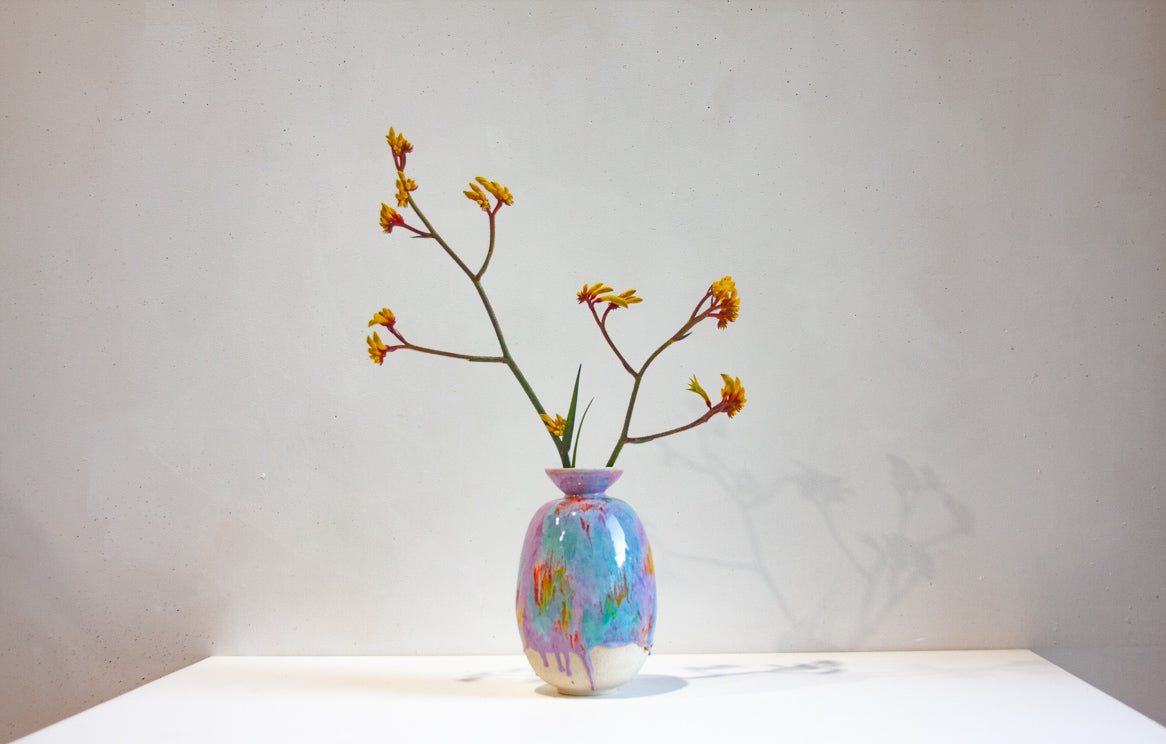 handmade ceramic sculptural rainbow coloured vase