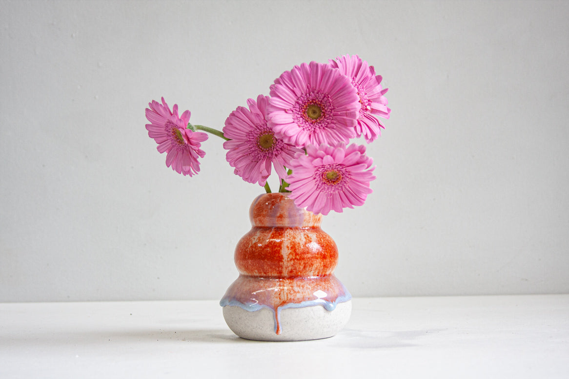 handmade ceramic orange and purple sculptural vase
