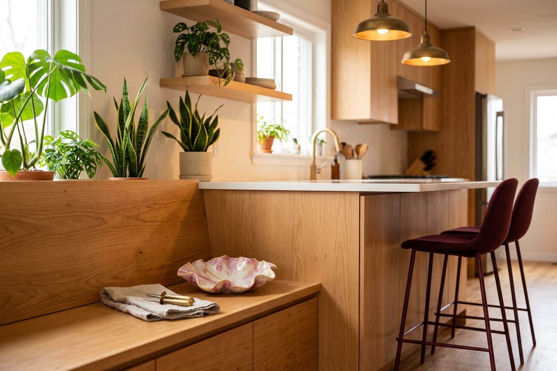 Modern kitchen with wooden bench, plants, and bar stools.