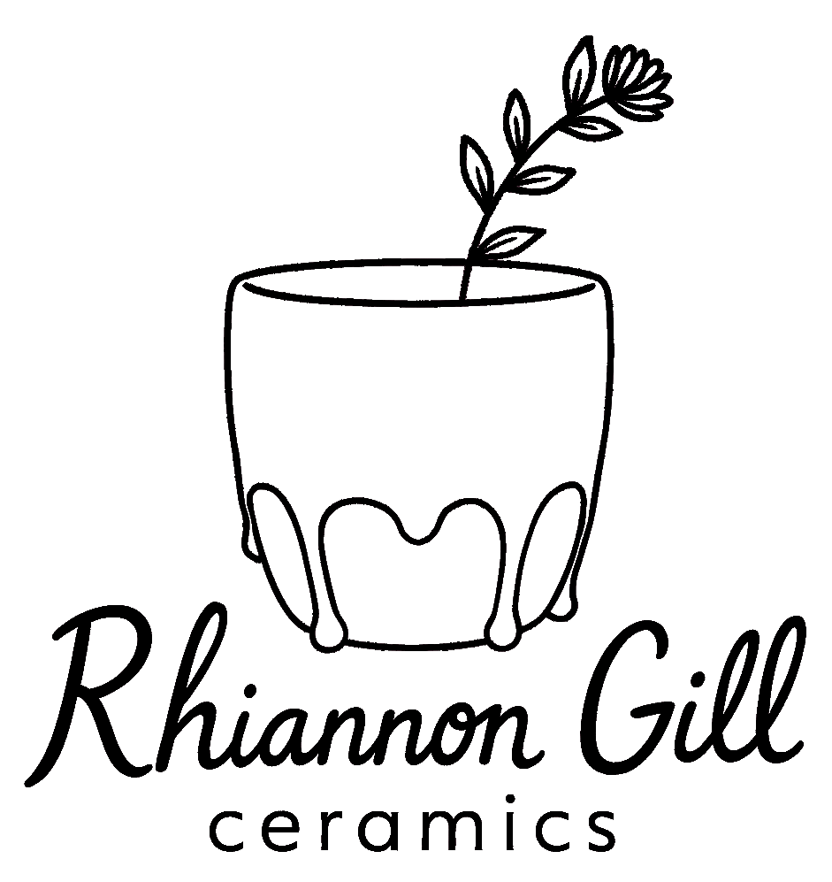 Logo for Rhiannon Gill ceramics featuring a pot with a plant and the text 'Rhiannon Gill Ceramics'