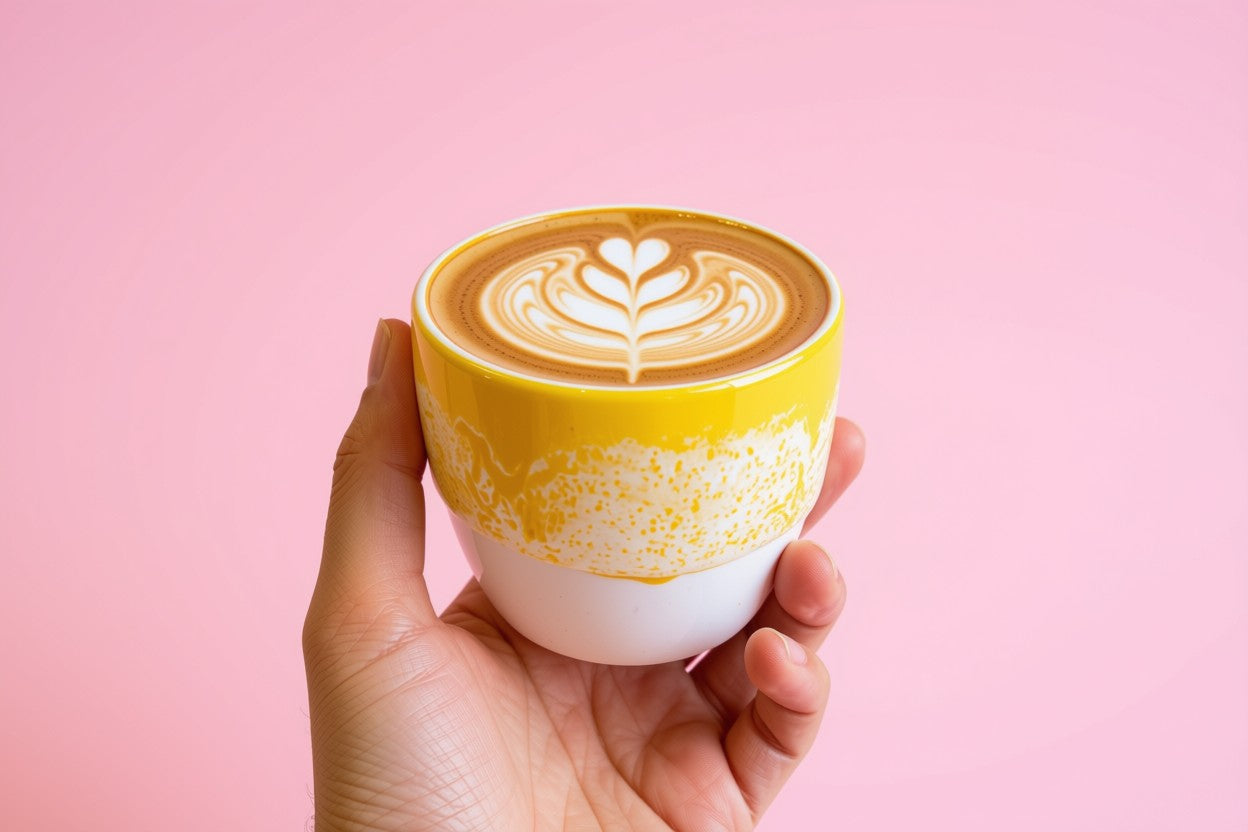 flatwhite in a handmade ceramic yellow cup with a pastel pink background