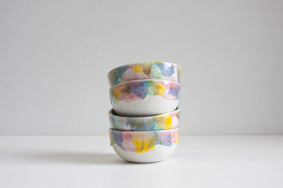 handmade ceramic pink, blue, yellow and brown breakfast bowl
