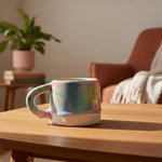 handmade ceramic colourful mug on a coffee table 