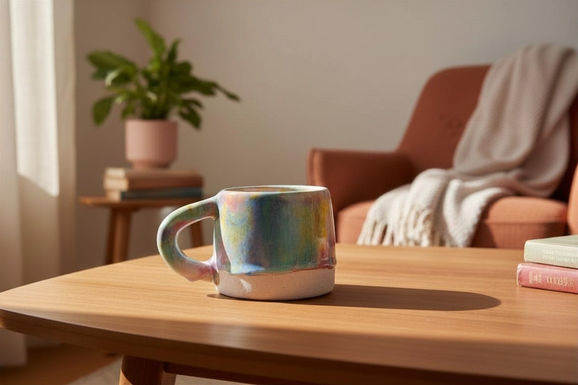 handmade ceramic colourful mug on a coffee table 