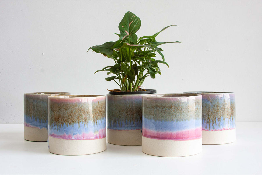 handmade ceramic blue, pink and brown planter