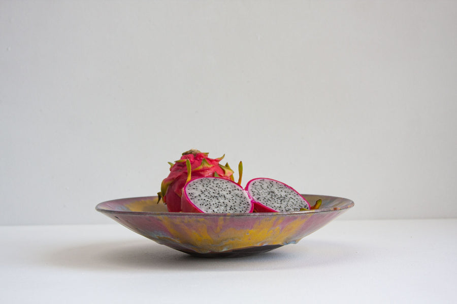 handmade ceramic pink, yellow black clay fruit bowl