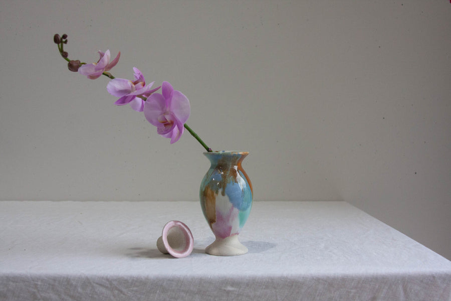 blue, green, brown, pink, white handmade ceramic vase/candle holder